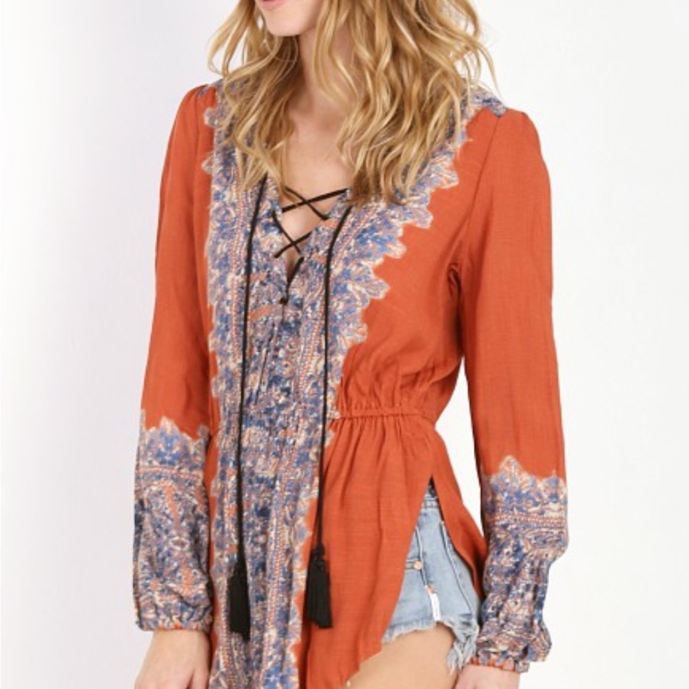 FREE PEOPLE SZ M Slubbed Crinkle Wildest Tunic Persimmon FRONT CRISS CROSS TIE - Picture 3 of 12